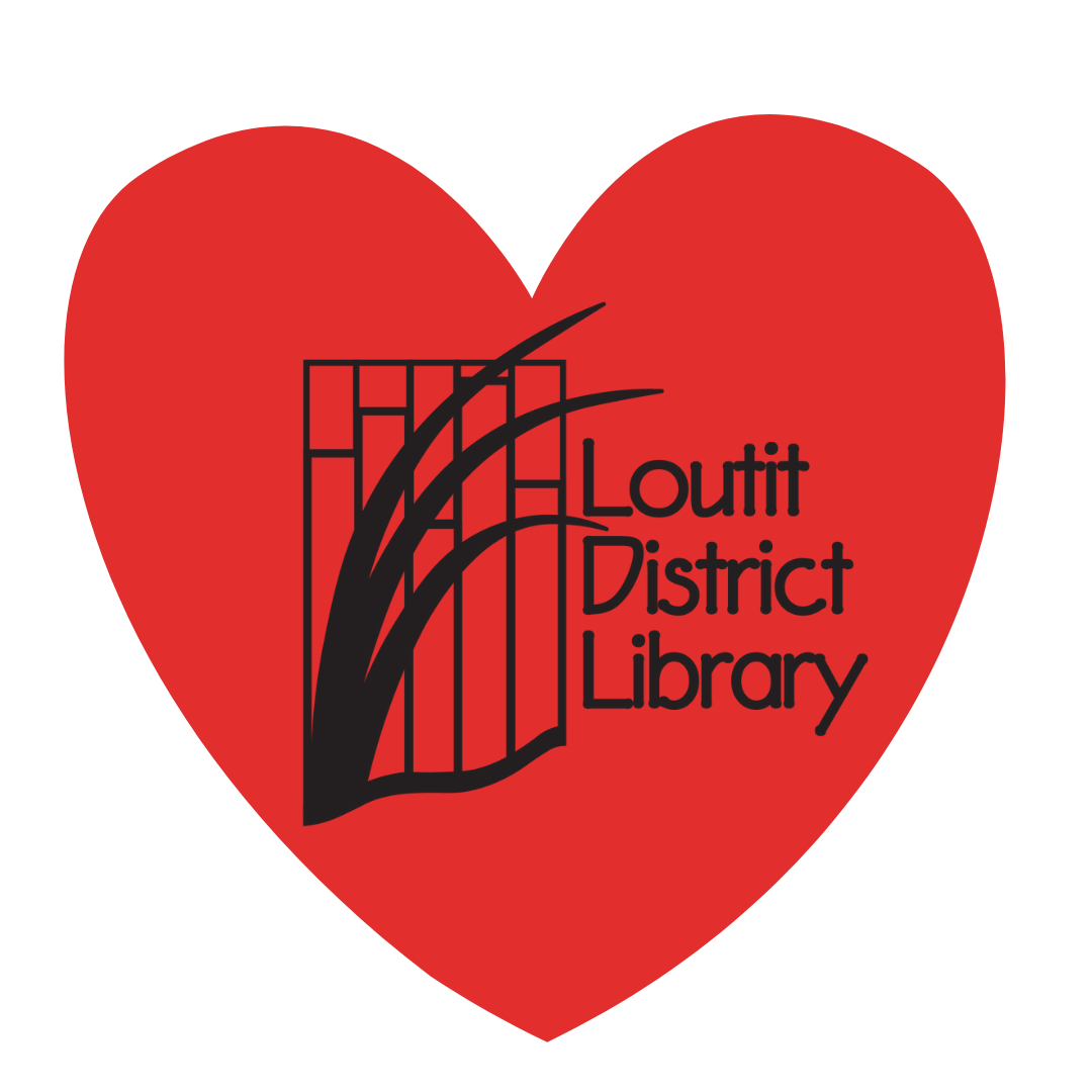 Graphic of red heart with the Loutit District Library logo inside