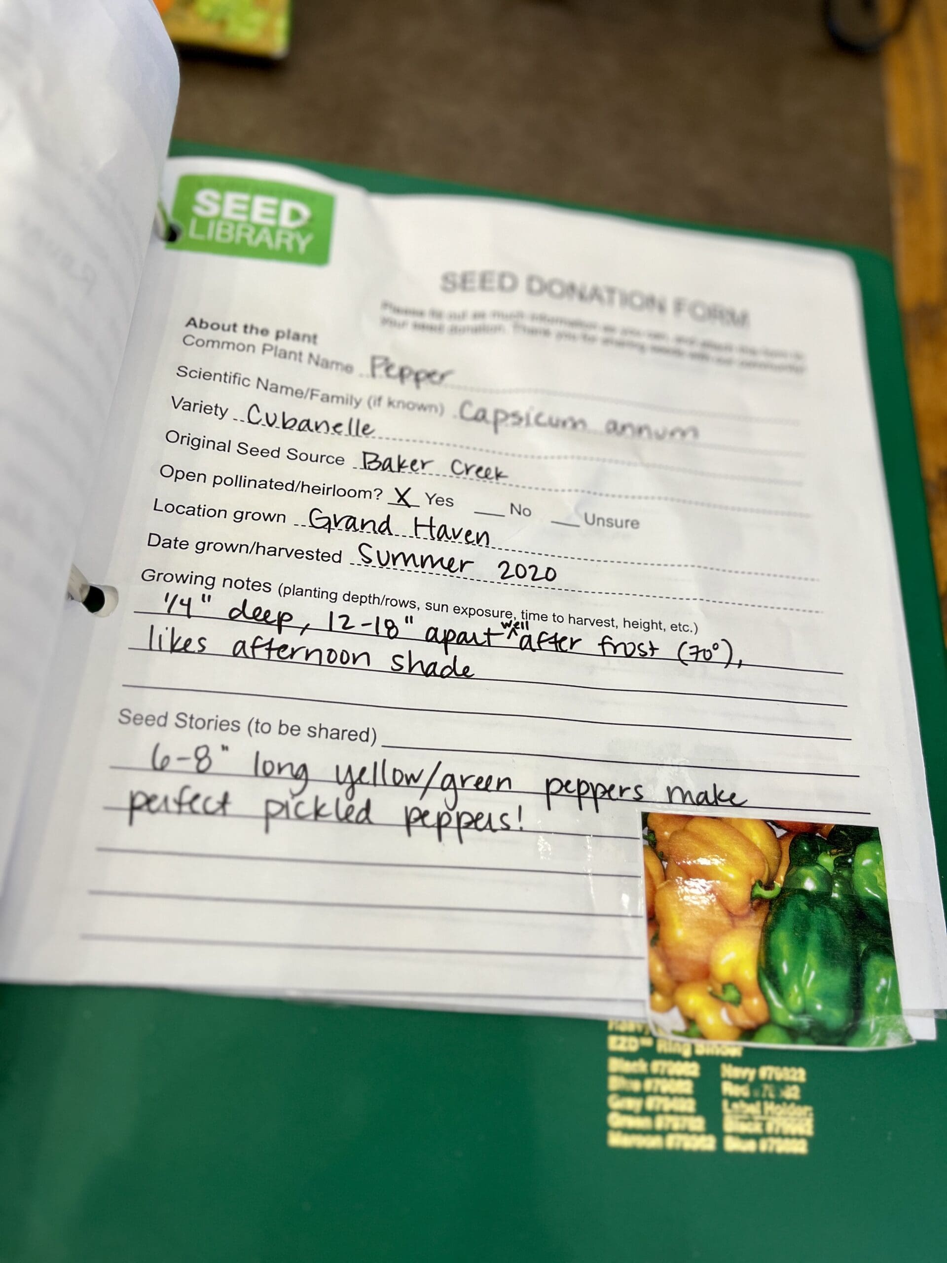 seed library binder photo of an open binder containing hand written notes describing how to grow pepper seeds and recommending using them for pickled peppers